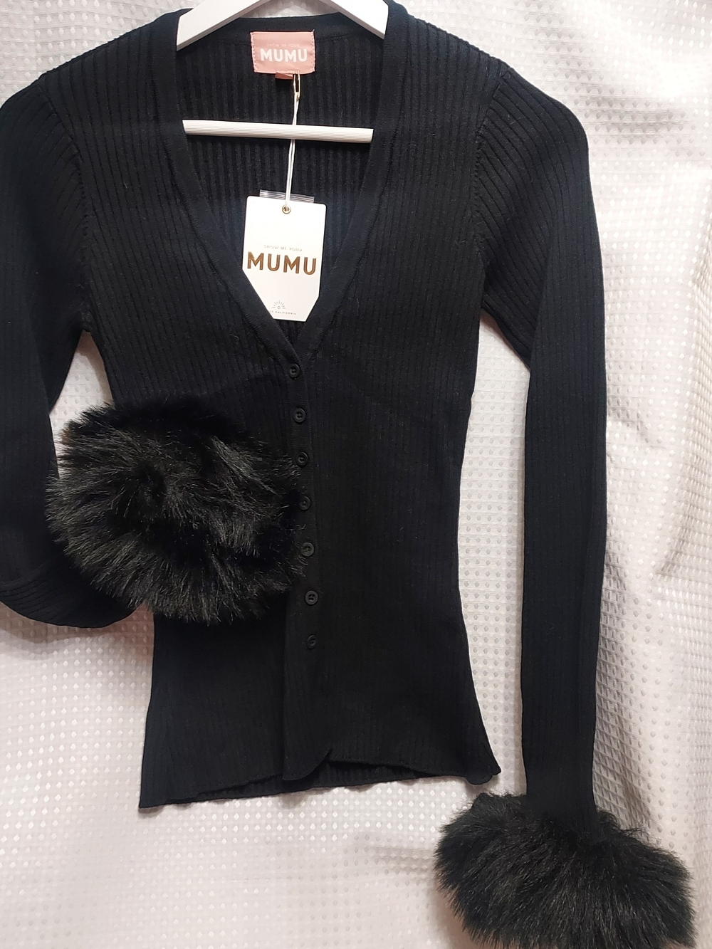 Mumu Black Ribbed Button-Up Sweater with Faux Fur Cuffs